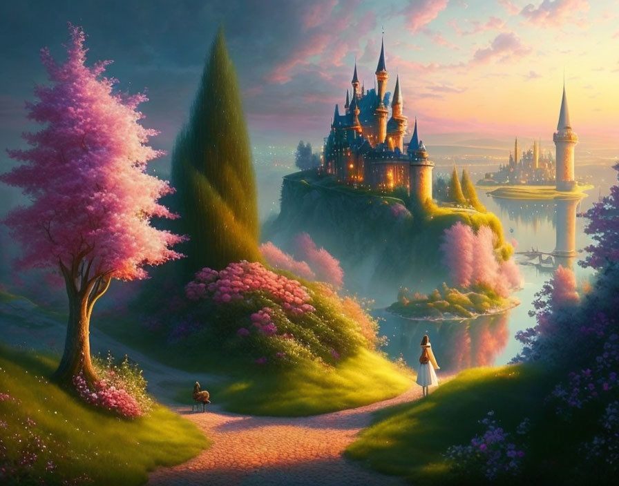 Person on Path to Castle in Whimsical Landscape