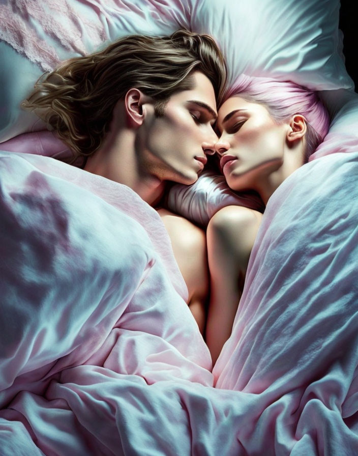 Two People Asleep in Close Proximity on Pink and Pale Blue Bedding