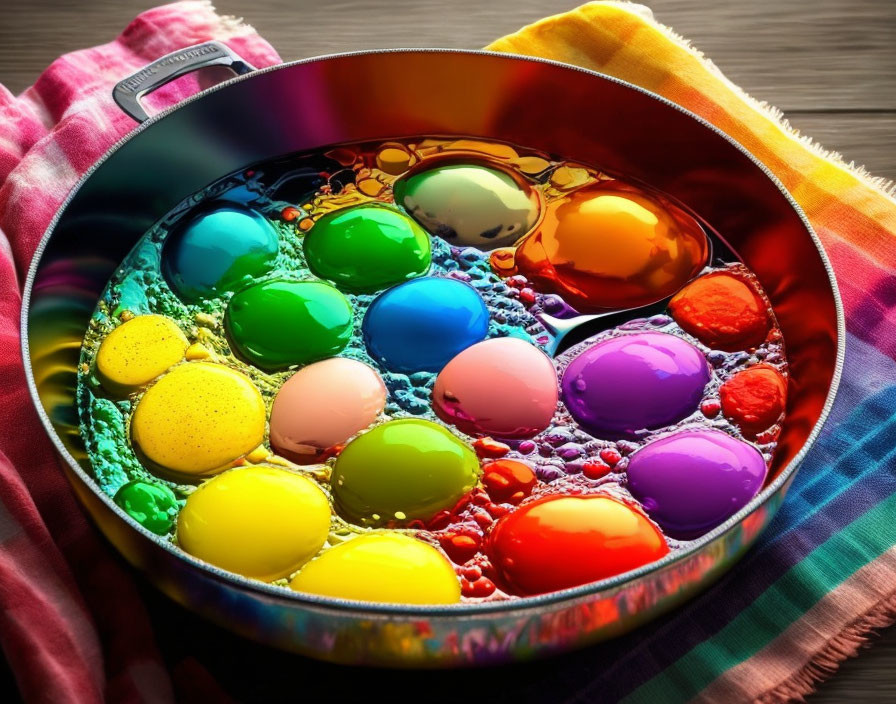 Vibrant water balloons with reflections in pan on colorful cloth