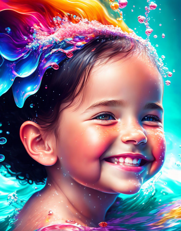 Colorful digital artwork: Smiling girl with flowing water and bubbles