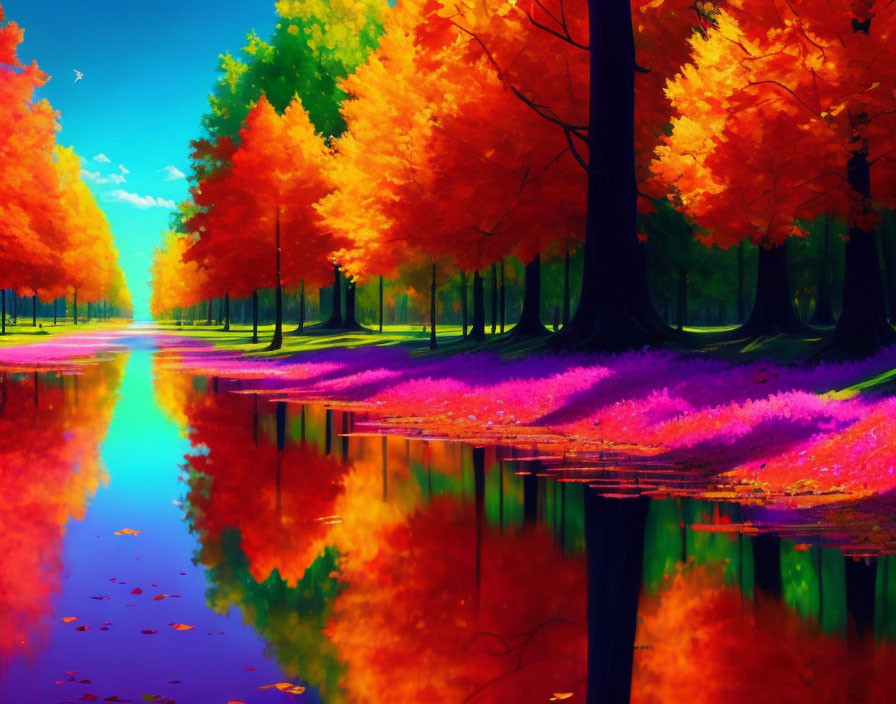 Vibrant autumn landscape with colorful trees and serene water scene