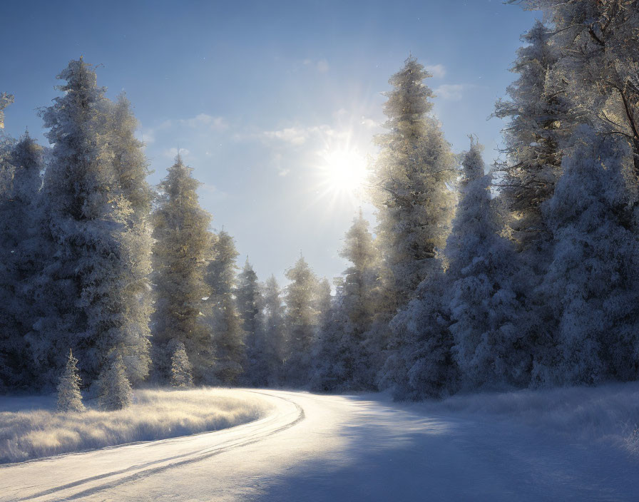 Snowy Landscape with Frost-Covered Trees and Winding Road