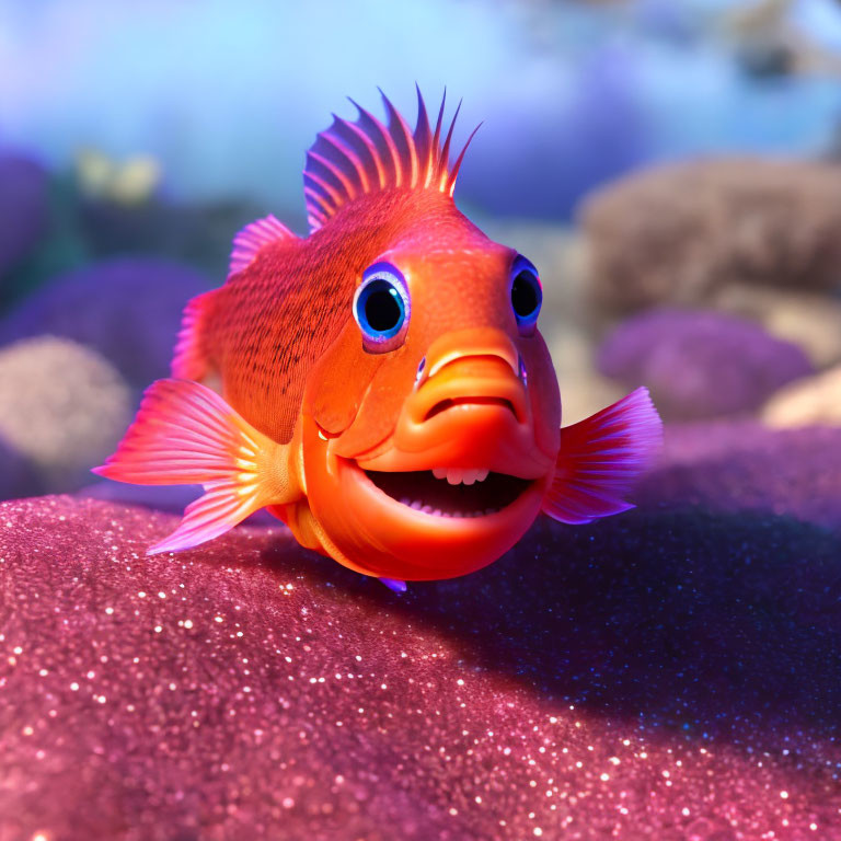 Colorful animated fish on sparkly purple seabed