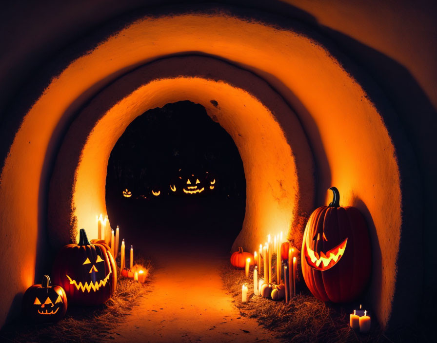 Carved pumpkins and candles in a dark, spooky Halloween tunnel