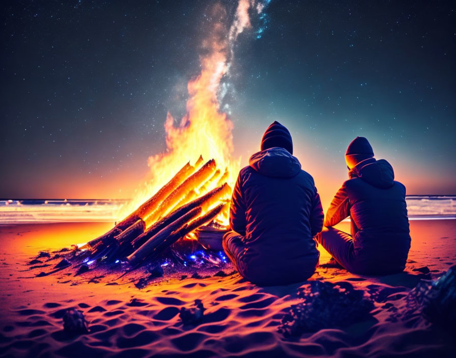 Nighttime beach bonfire with three people stargazing