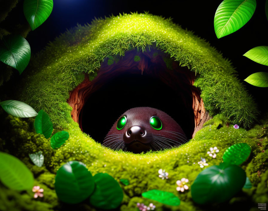 Cartoon creature with large green eyes in lush green hollow.