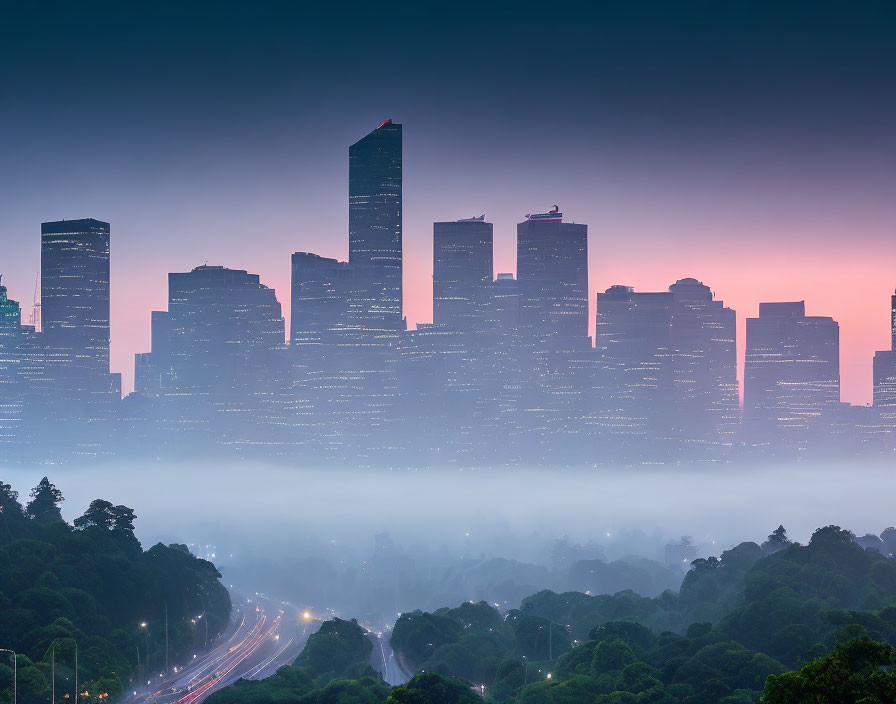 City skyline at dusk: Skyscrapers, misty park, traffic lights