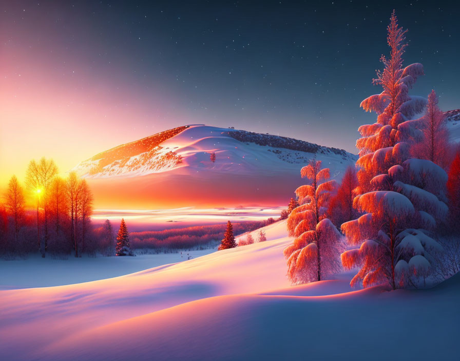 Snowy hills and trees in vibrant winter sunset scene