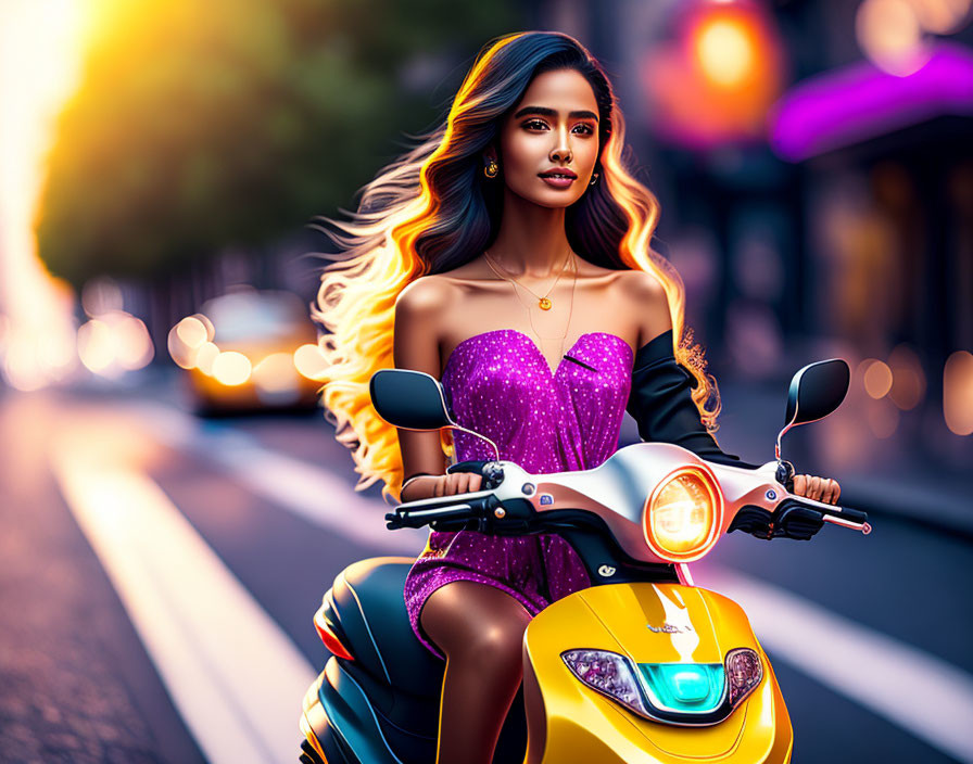 Woman in Purple Top on Yellow Scooter at Sunset