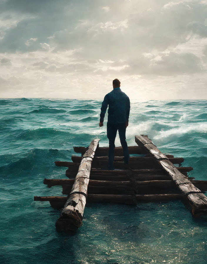 Man on Wooden Raft Facing Turbulent Waves at Sea