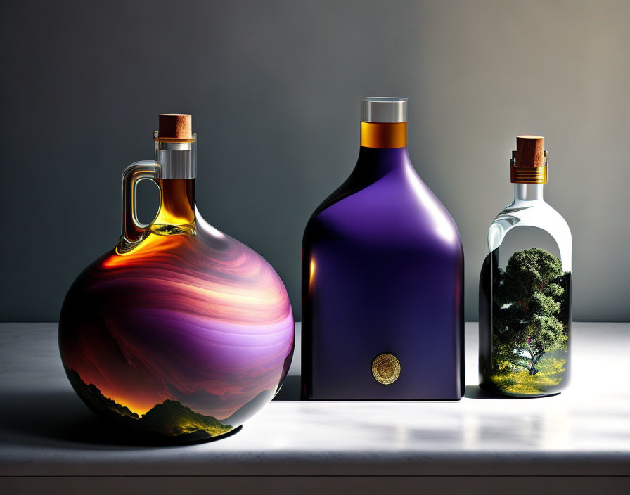 Colorful Decorative Bottles with Unique Designs on Gradient Background