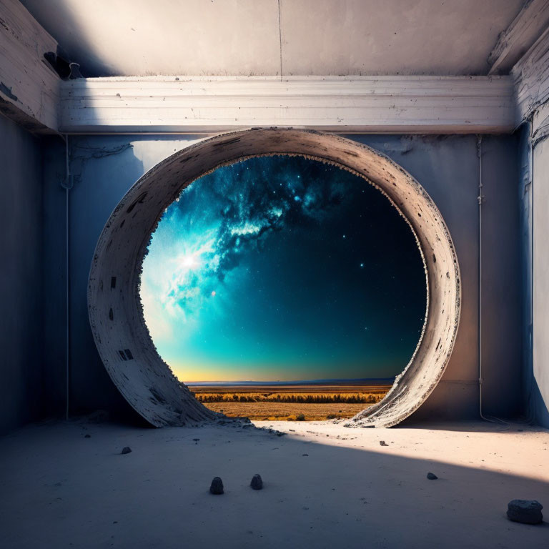 Abandoned room with circular opening to starry night sky