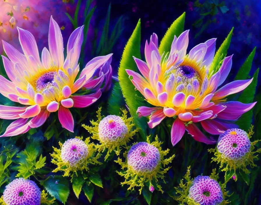 Colorful painting of blooming lotus flowers with green foliage on purple background