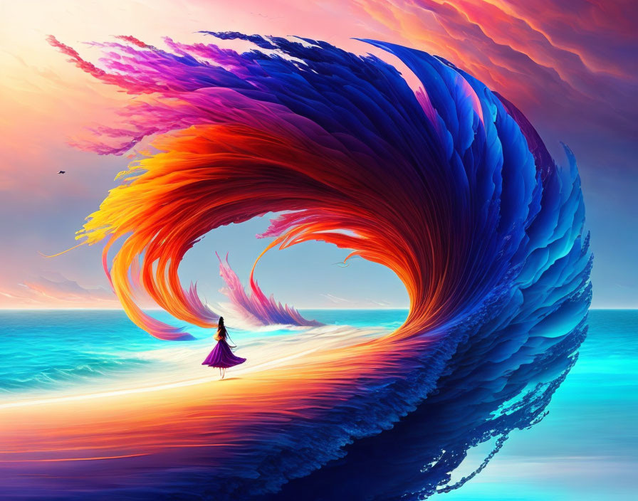 Vibrant wave resembling a feathered wing on shore with colorful sky