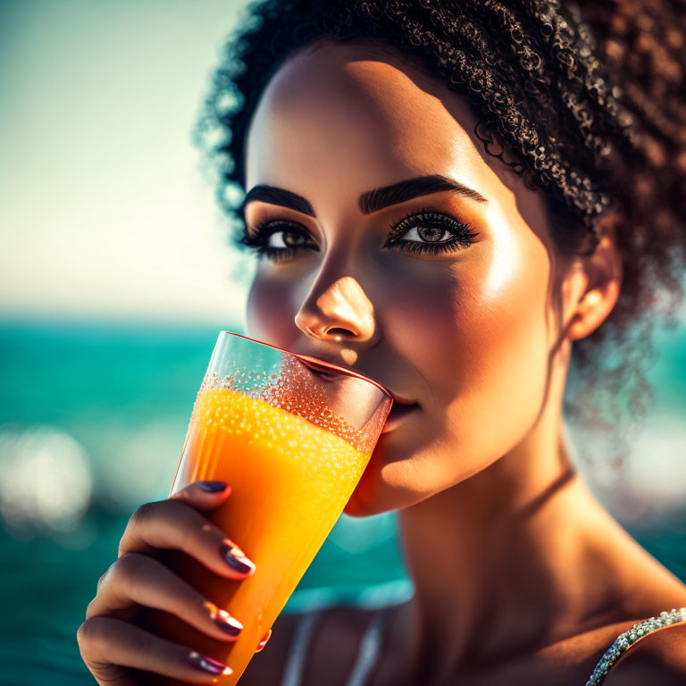 Curly-haired woman sipping orange juice by the seaside