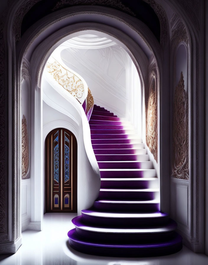 Luxurious white and gold staircase with purple carpet, ornate walls, and blue accented doors