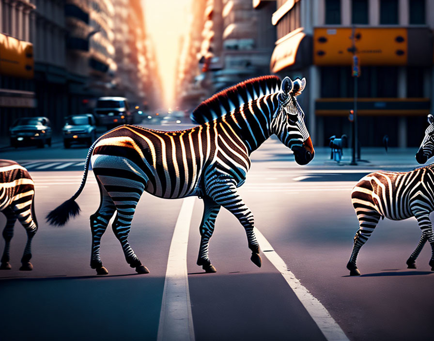 Urban street scene: Zebras in warm sunlight with long shadows