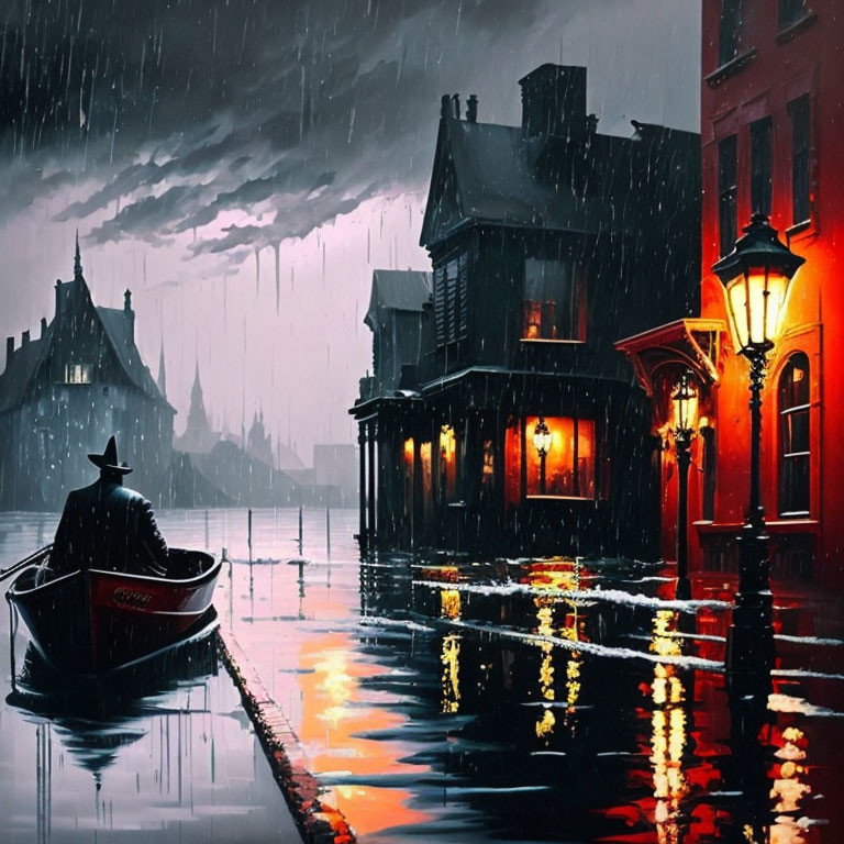 Flooded Victorian street scene with person in boat at night