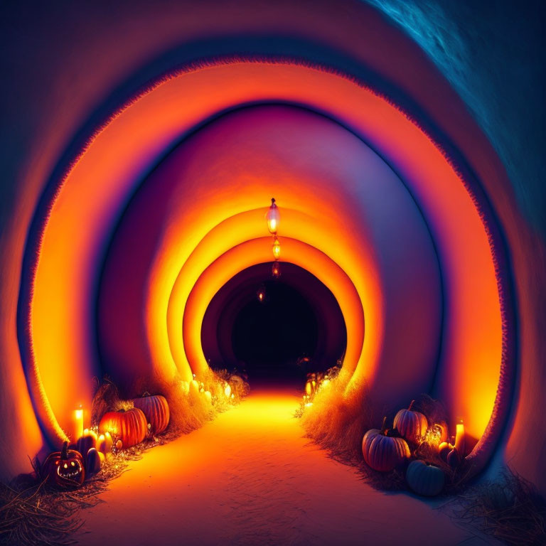 Tunnel with orange and blue light, candles, and pumpkins for Halloween ambiance