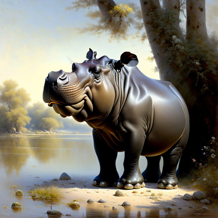 Detailed Illustration: Smiling Hippopotamus by Riverbank with Trees & Sunlight