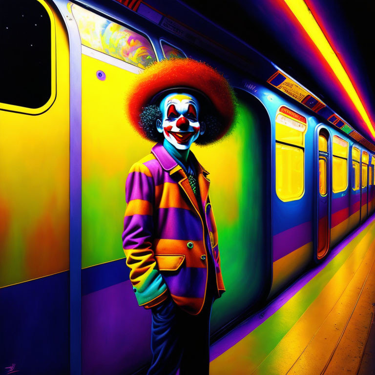 Colorful Clown in Vibrant Subway Station with Graffiti Train