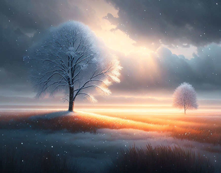 Snow-covered large tree in serene landscape with distant smaller tree and rays of light at dusk