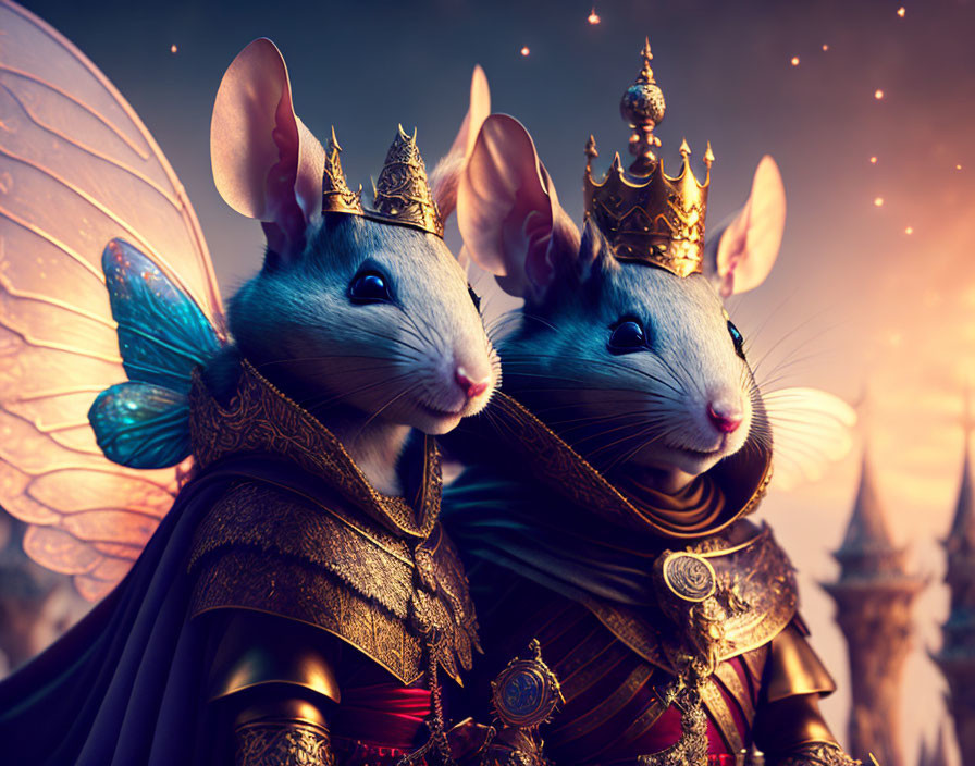 Regal mice in crowns and royal attire before fantasy castle.