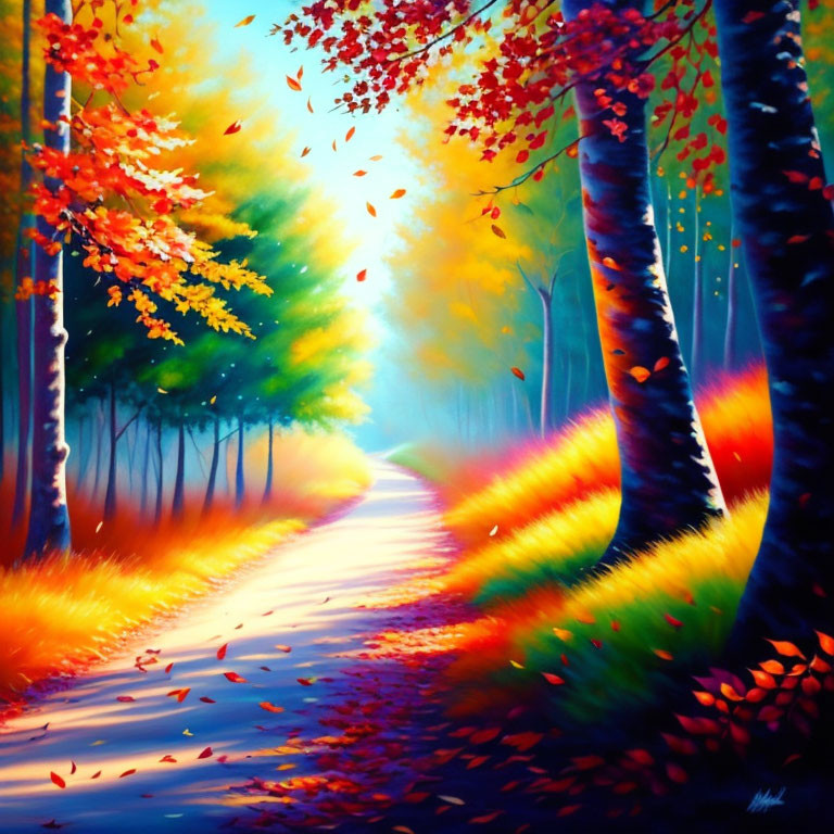 Colorful Autumn Forest Path Painting with Sunlight Filtering Through Trees