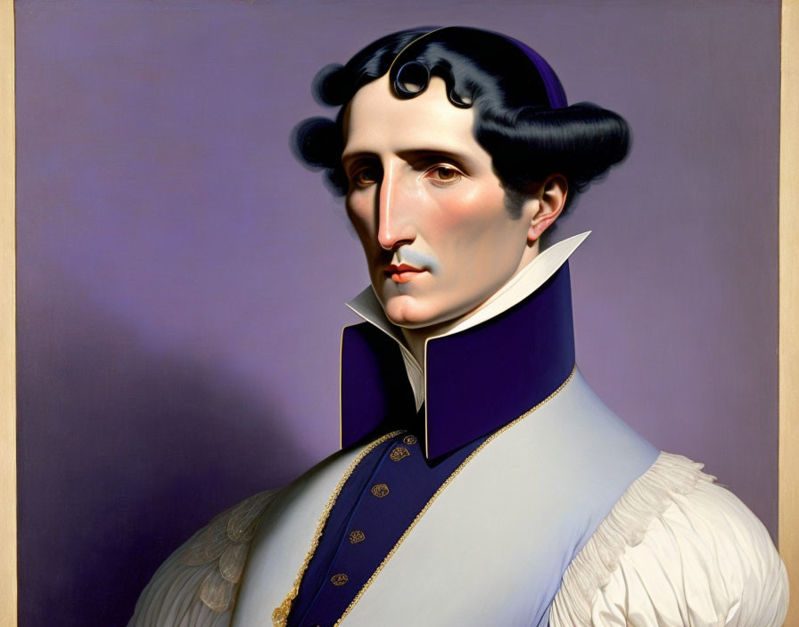 Stylized portrait of a person in white blouse and blue vest on purple background