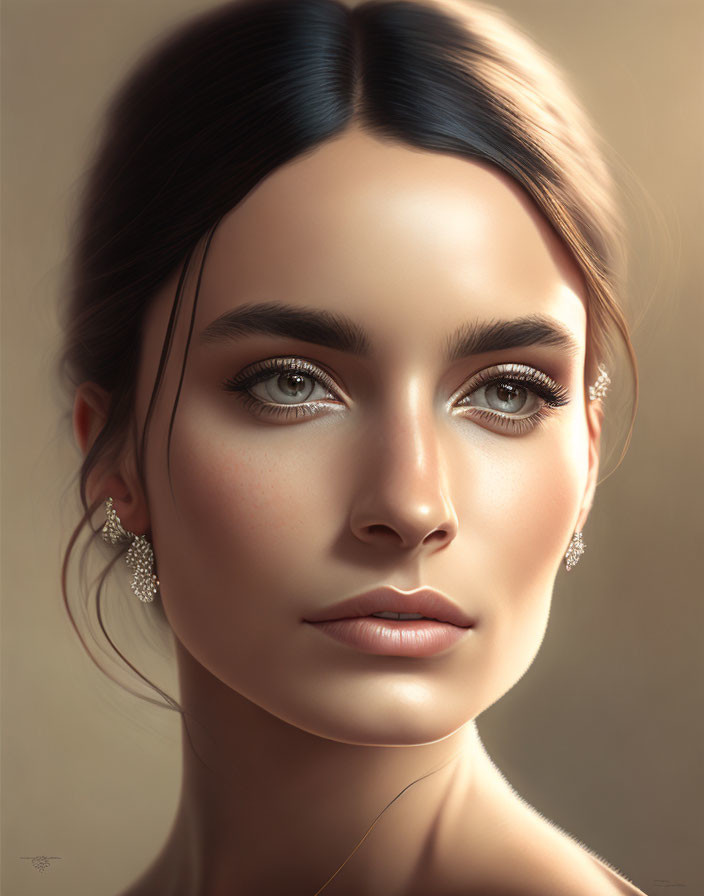 Brown-eyed woman portrait with subtle makeup and diamond earrings on light brown backdrop