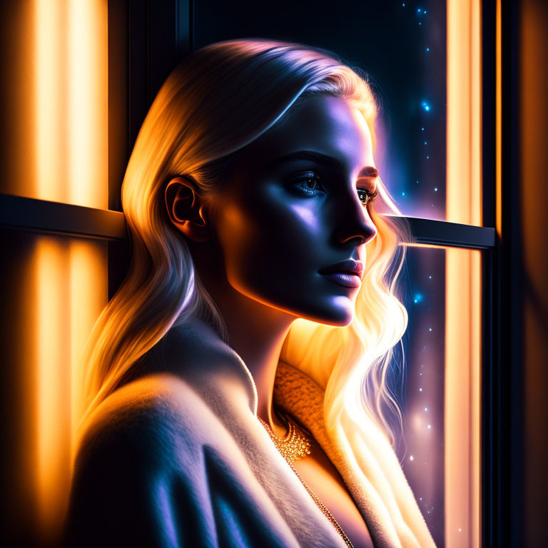 Profile of woman gazing out window at night