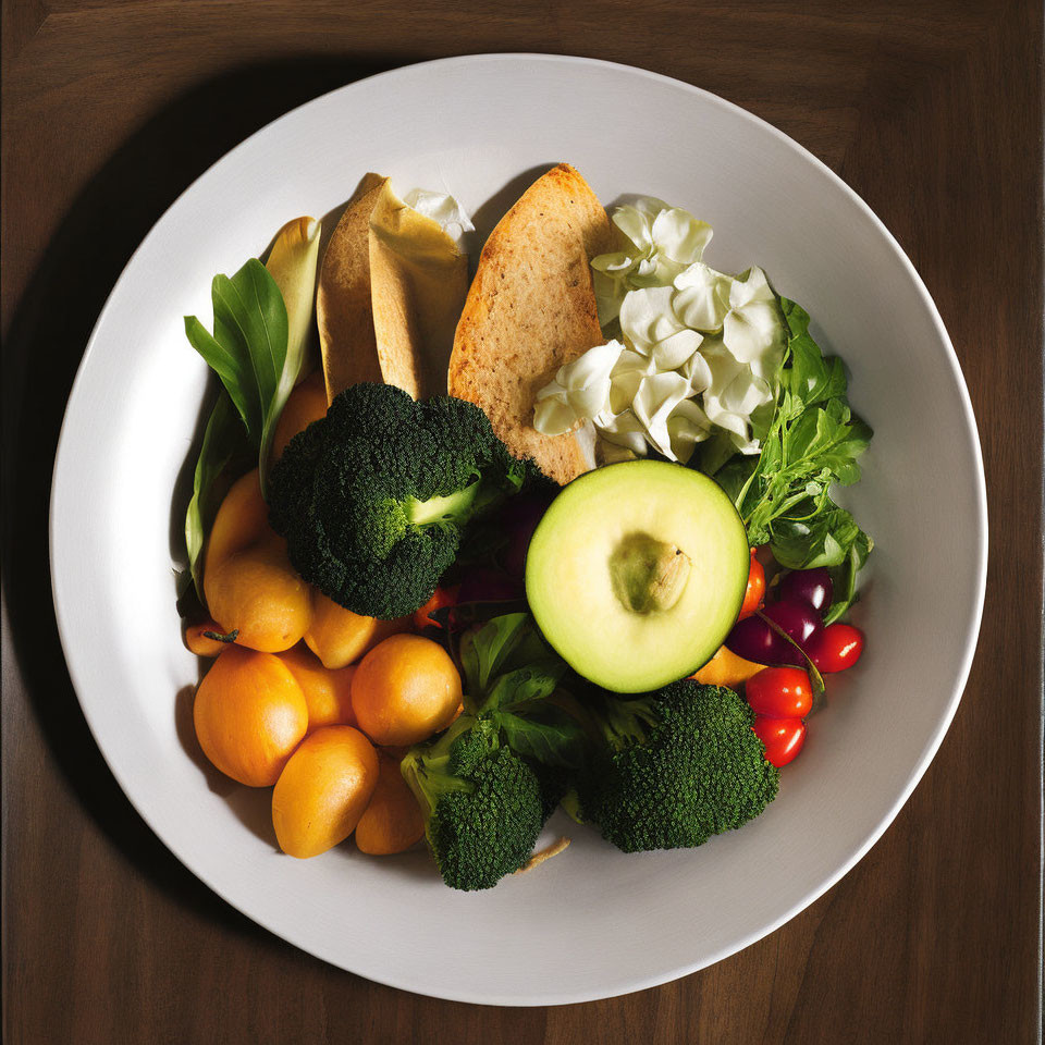 Assorted Fresh Vegetables, Fruits, and Bread Plate