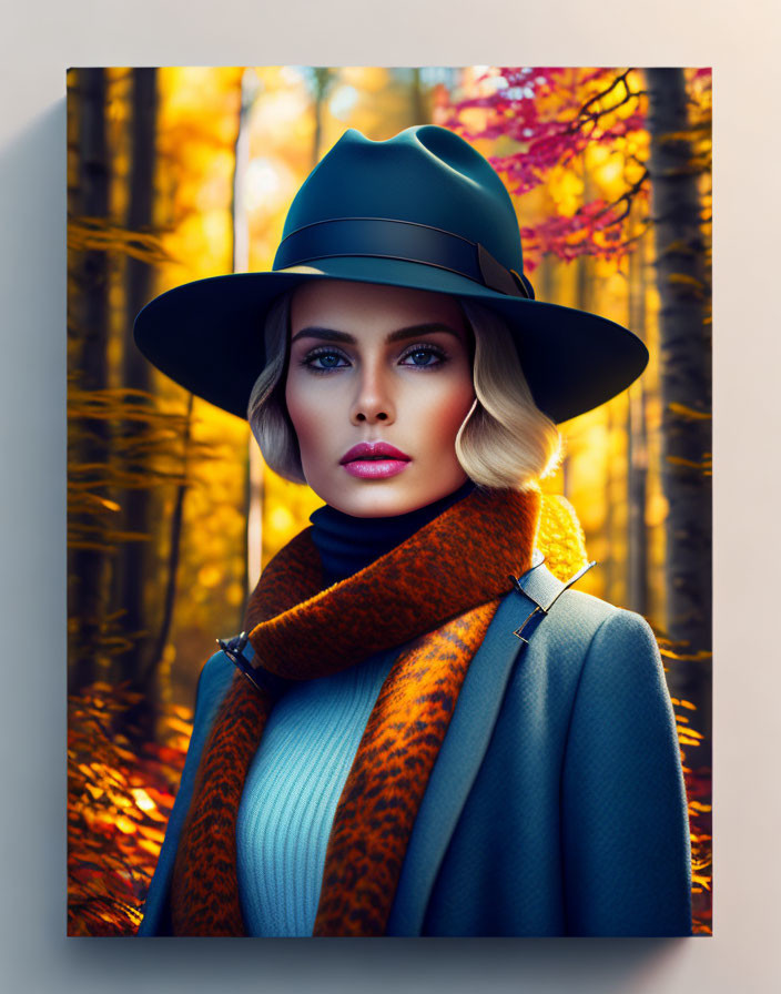 Fashionable woman in wide-brimmed hat, turtleneck, and scarf in autumn setting