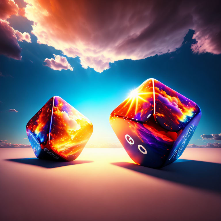 Cosmic-themed dice with celestial bodies and galactic colors