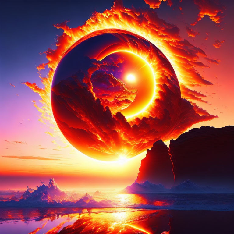 Digital artwork: Fiery planet by seaside cliff at sunset