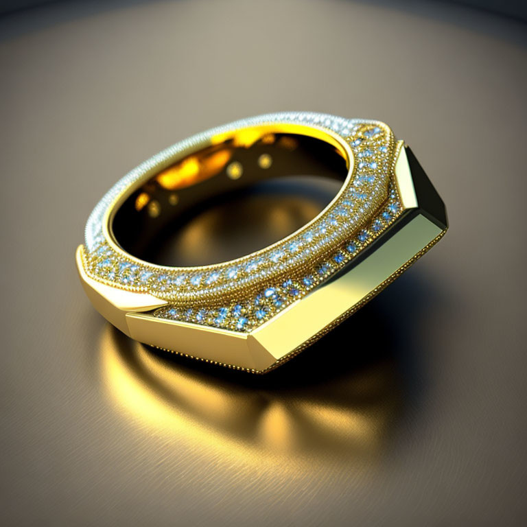 Intricate golden ring with small diamonds on reflective surface