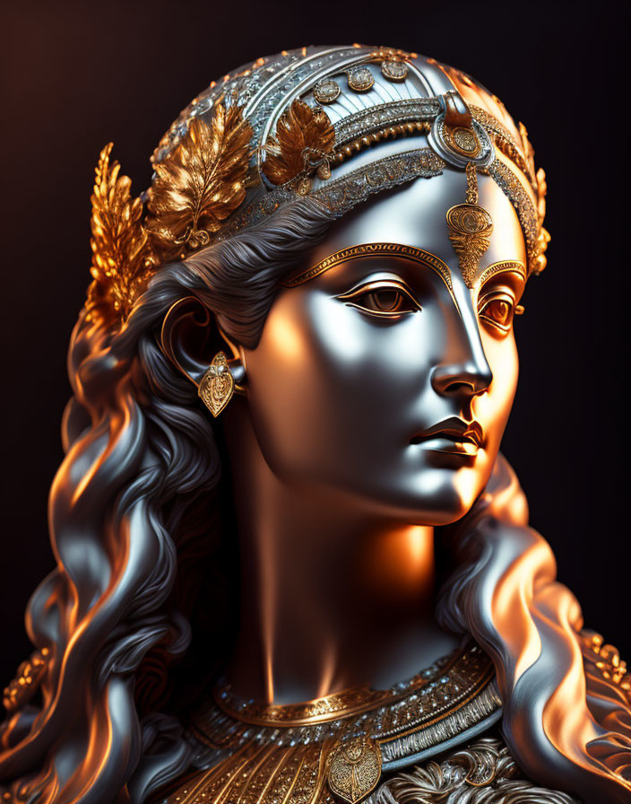 Regal female figure with golden headgear and jewelry in 3D artwork