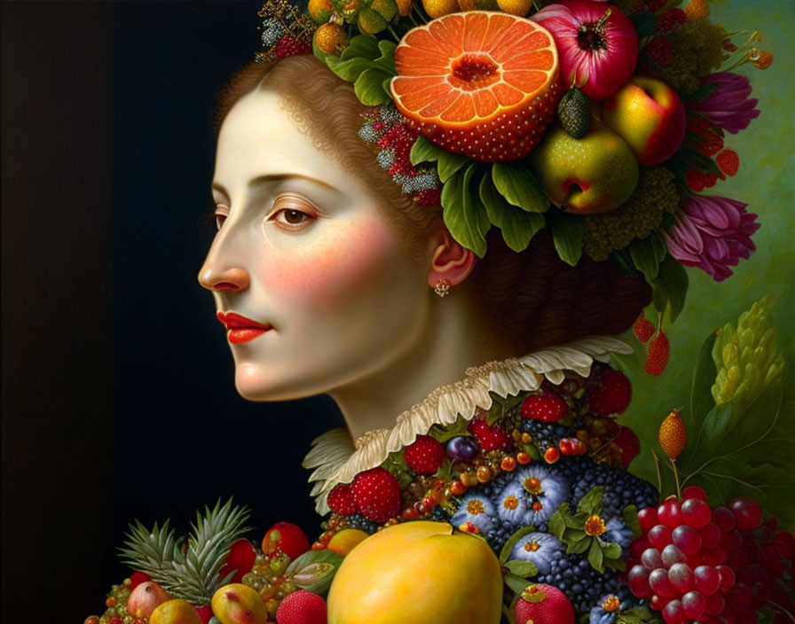 Colorful Fruit Headdress Portrait on Dark Background