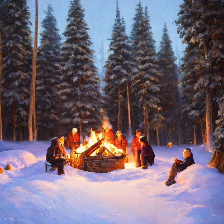 Group by Campfire in Snowy Forest at Twilight