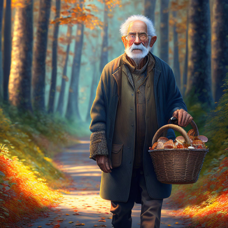 Elderly man with white beard and glasses holding basket of mushrooms in forest.