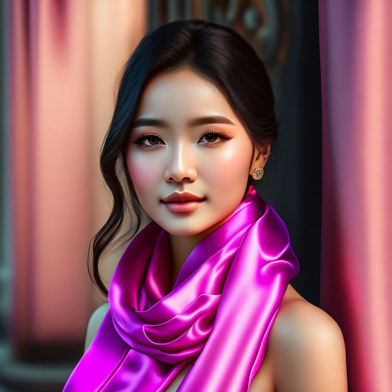 Digital portrait of woman with black hair, pink scarf, earrings, and subtle makeup