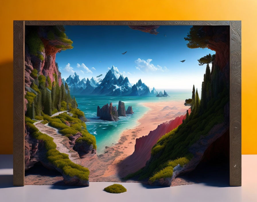 Surreal 3D art: Tranquil beach with mountains, trees, and birds