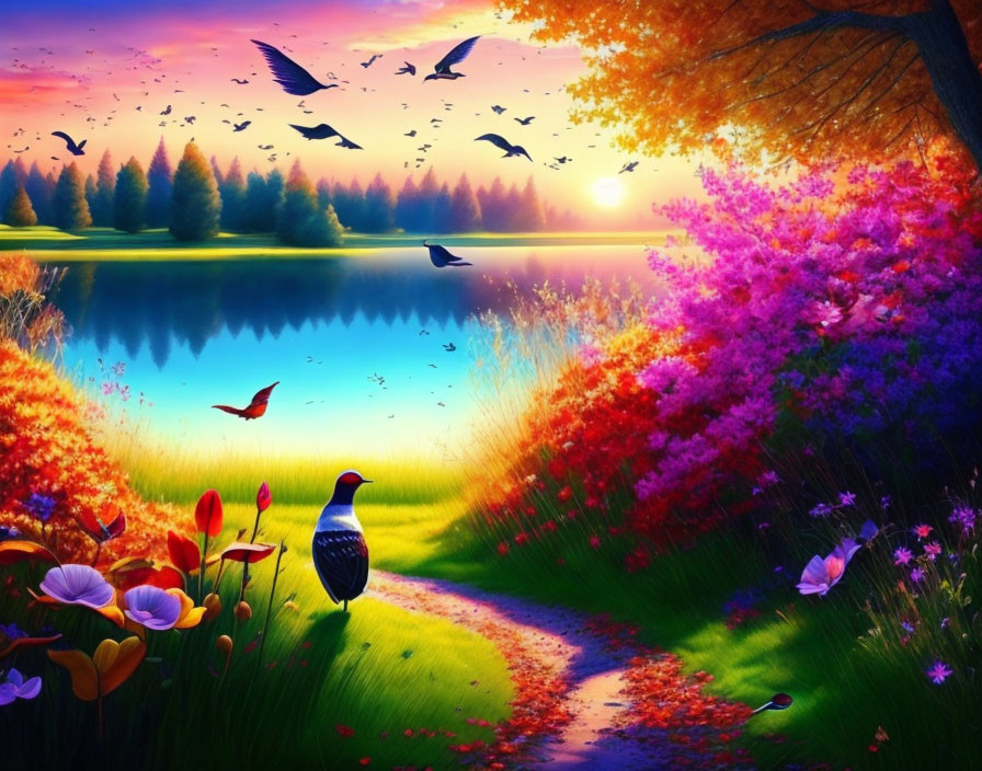 Colorful Landscape with Lake, Trees, Flowers, Path, Birds, and Sunset Sky