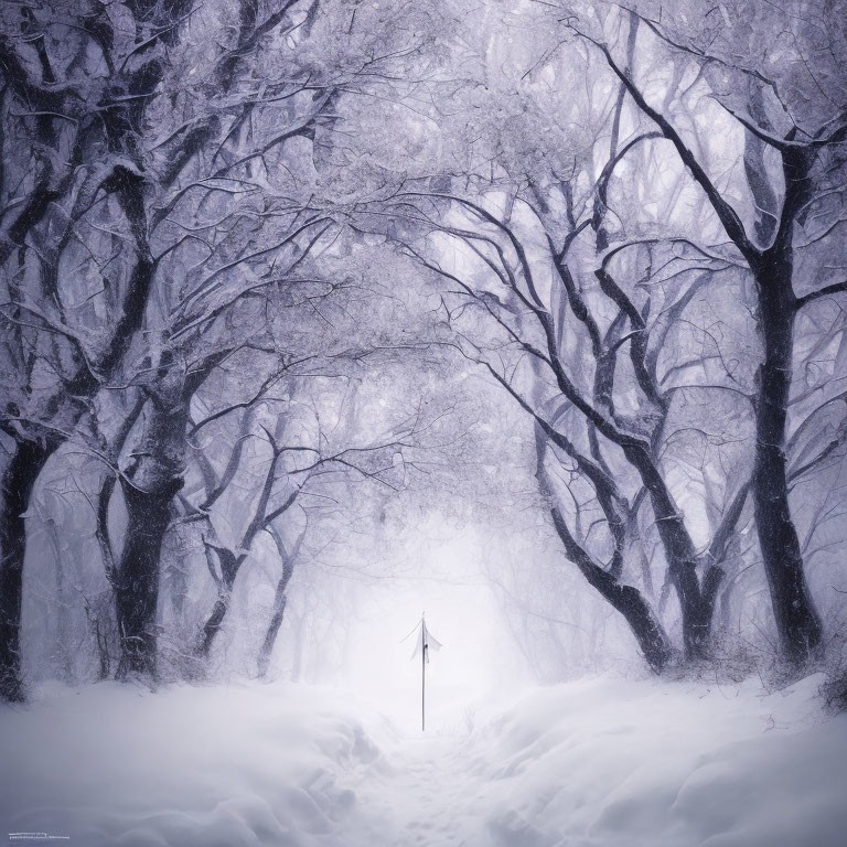 Snowy path with arching trees and road sign in misty winter landscape