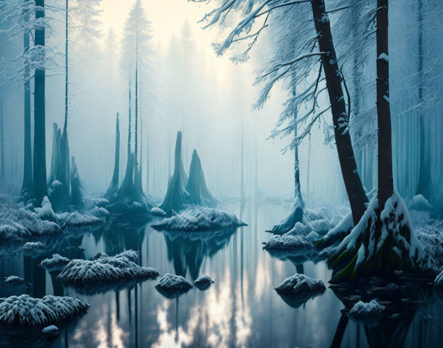 Snowy Forest Scene: Misty Lake, Sunlight, Reflection