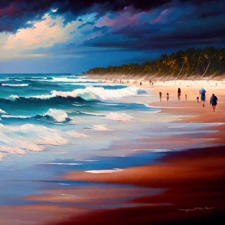 Beach scene painting with people, crashing waves, and dramatic sky