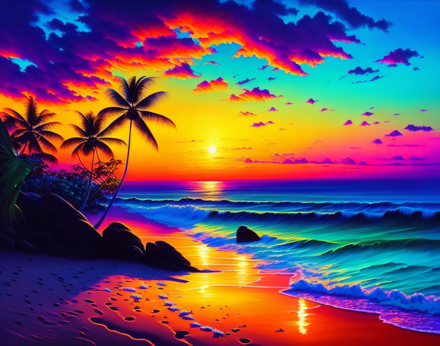 Scenic beach sunset with palm trees and colorful sky