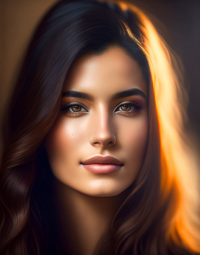 Young woman with long brown hair and amber eyes in warm light