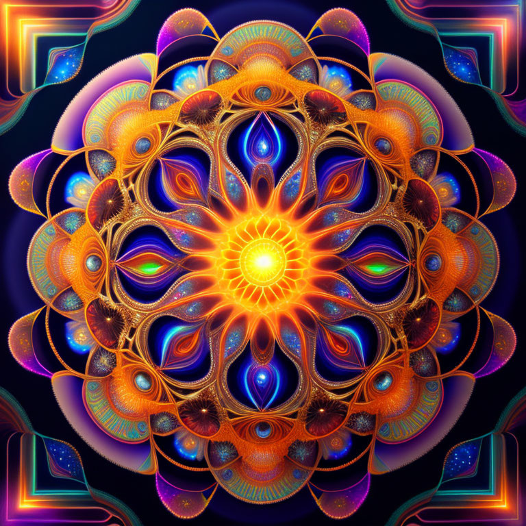 Colorful Symmetrical Mandala with Radiant Details on Dark Background