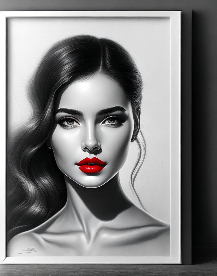 Monochrome portrait of a woman with bold red lips on a shelf